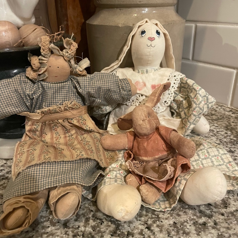 Set of 3 vintage , primitive dolls , two bunnies and a doll.